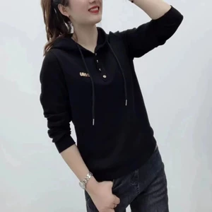 Áo thun nữ dài tay màu trơn dáng rộng mùa thu, có mũ trùm đầu, phù hợp giảm béo