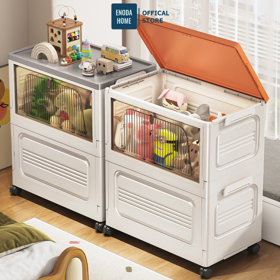 Hộp Nhựa Lớn Gấp Gọn Đựng Đồ Chơi ENODA HOME, Thùng Đựng Đồ Chơi Cho Bé Cửa Trong Suốt Có Bánh Xe Tiện Lợi Q043
