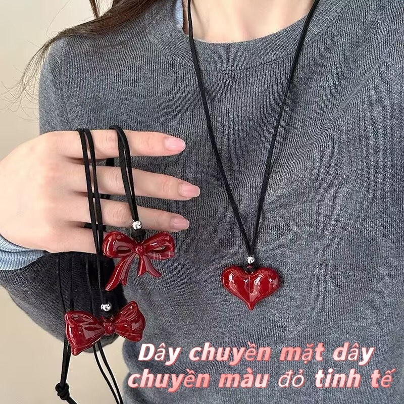 Vòng cổ nơ đỏ Vòng cổ dây da đen phong cách đơn giản mới