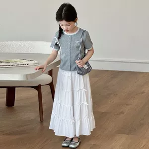Set váy bé gái ngọt ngào – Áo thun ngắn tay phối váy bánh tầng dài thanh lịch