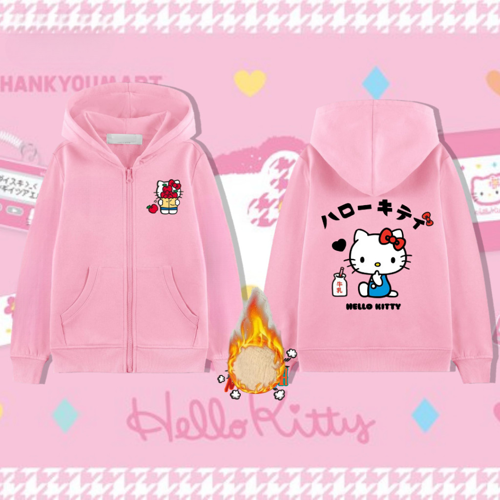 Áo khoác có khóa kéo trẻ em Hello Kitty Áo khoác lót lông cừu ấm cúng cho bé gái mặc mùa đông