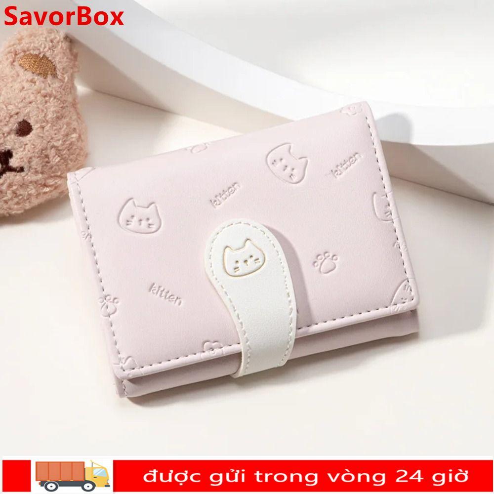 Ví in hình mèo con SAVORBOX, Túi ID thời trang bé gái Ví nhỏ dễ thương ngắn, Ví đựng thẻ đựng tiền xu có khóa dây đeo Túi đựng tiền nữ