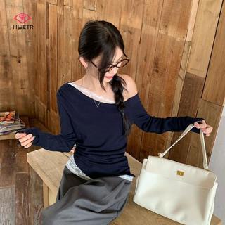 HWETR Áo thun dài tay nữ thu đông với thiết kế ren xù vai gợi cảm