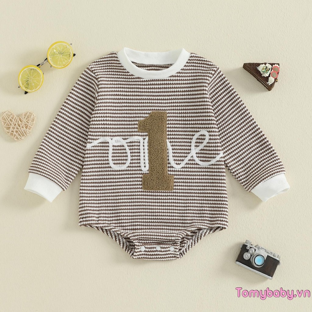 Bộ áo liền quần sọc sinh nhật cho bé trai Bộ áo liền quần dài tay cổ tròn thêu