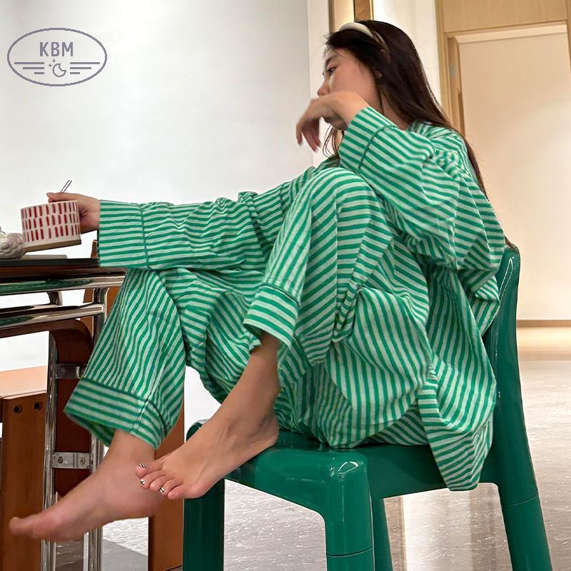 KBM Bộ Quần Áo Gia Đình Họa Tiết Sọc Hoạt Hình Dài Tay Cho Nữ