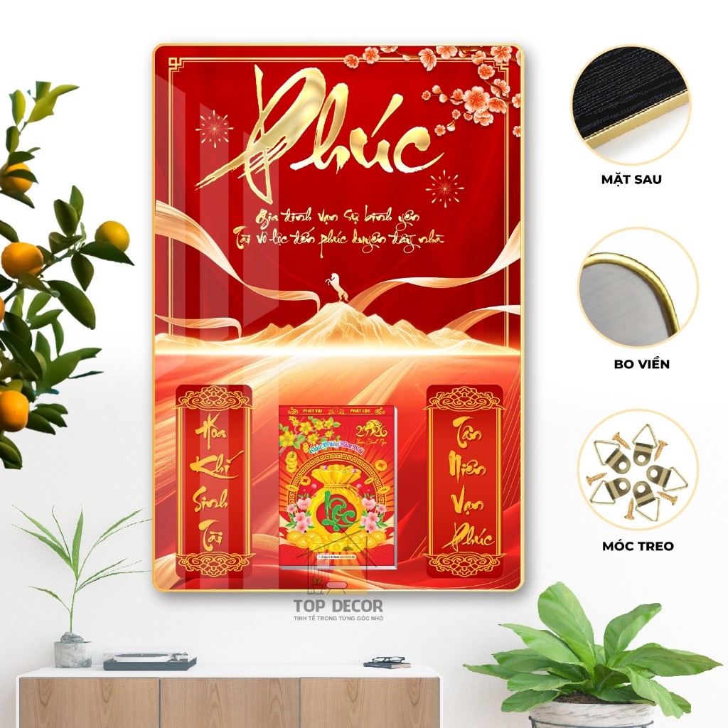 Tranh Tráng Gương Kèm Đốc Lịch - Lịch tết 2026 Decor Phòng khách - Top Decor