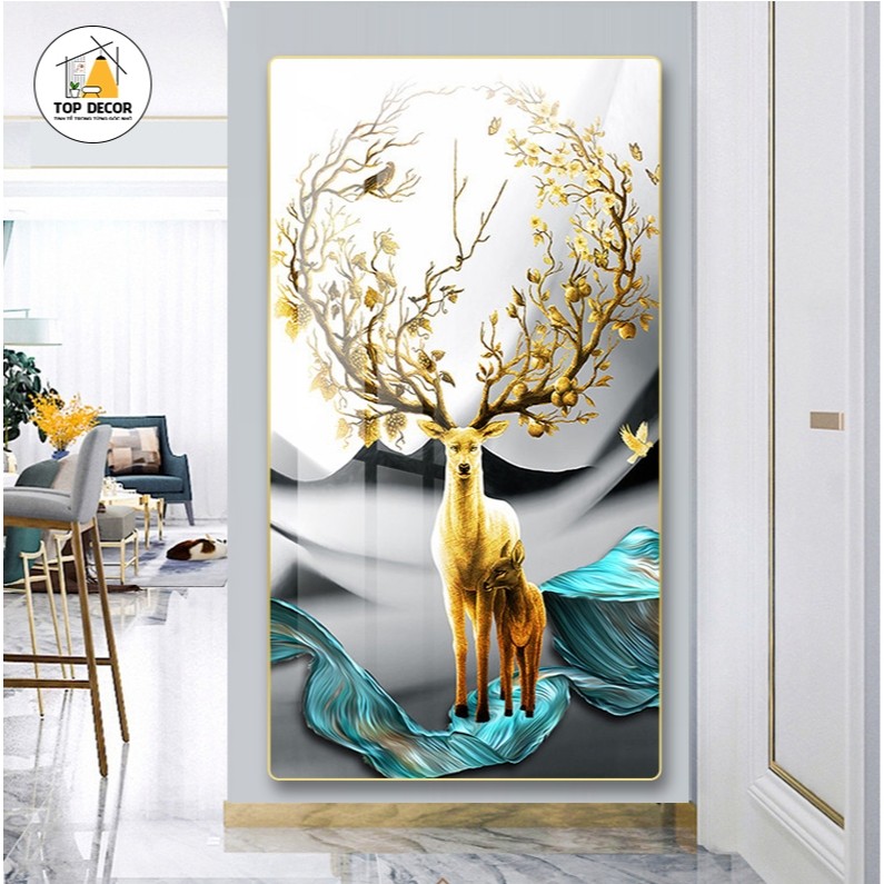 Tranh Treo Decor "Hươu Tài Lộc" Tranh Decor - Tranh Treo Phòng khách, Tranh Treo phòng ngủ, Tranh tráng gương cao cấp