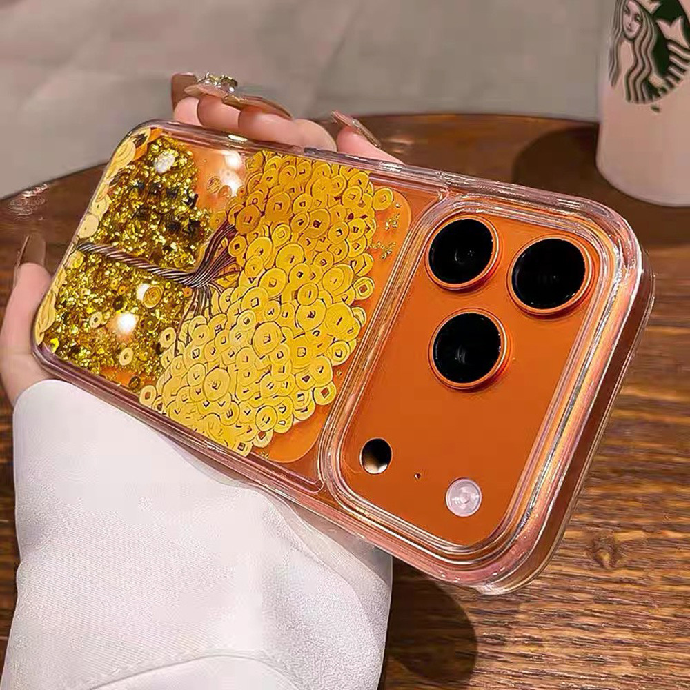 Goldenfoil Money Tree Goldfish Drift Sand Acrylic Ốp Điện Thoại Cho iPhone 17 Pro Max 16 15 14 13 12 Vỏ Bảo Vệ Chống Sốc