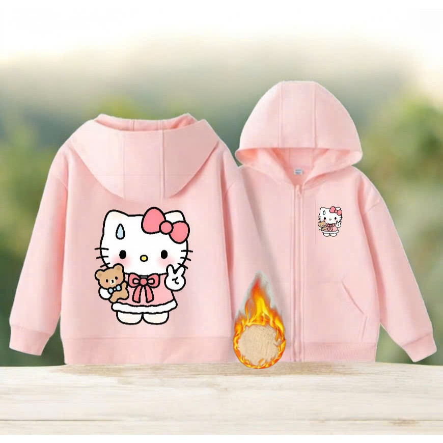 Hello Kitty Làm Dấu Hiệu Hòa Bình Trẻ Em Zip-Up Áo Khoác Lông Cừu Dài Tay Dễ Thương Cử Chỉ In Áo