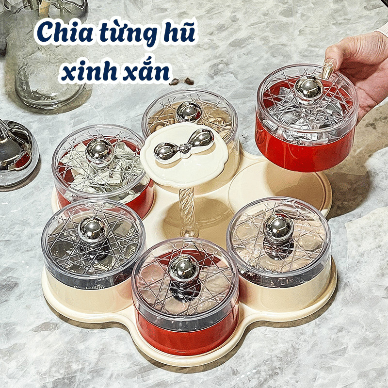 Khay Đựng Mứt Tết 6 Ngăn Xoay 360 Cao Cấp, Hũ Đựng Bánh Kẹo Có Nắp Đậy, Chống Bụi,Chống Ẩm