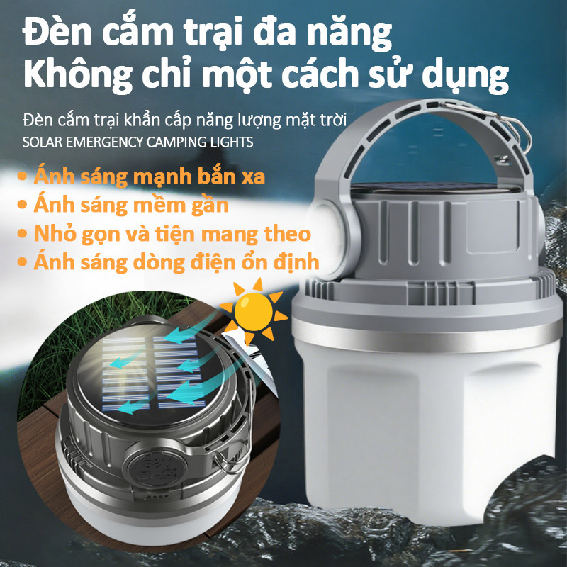 Đèn Pin Sạc Đa Năng Cho Cắm Trại - Công Nghệ Sạc Kép Type-C/Mặt Trời, Chống Thấm Nước IPX5, Thời Lượng Pin Cực Lâu