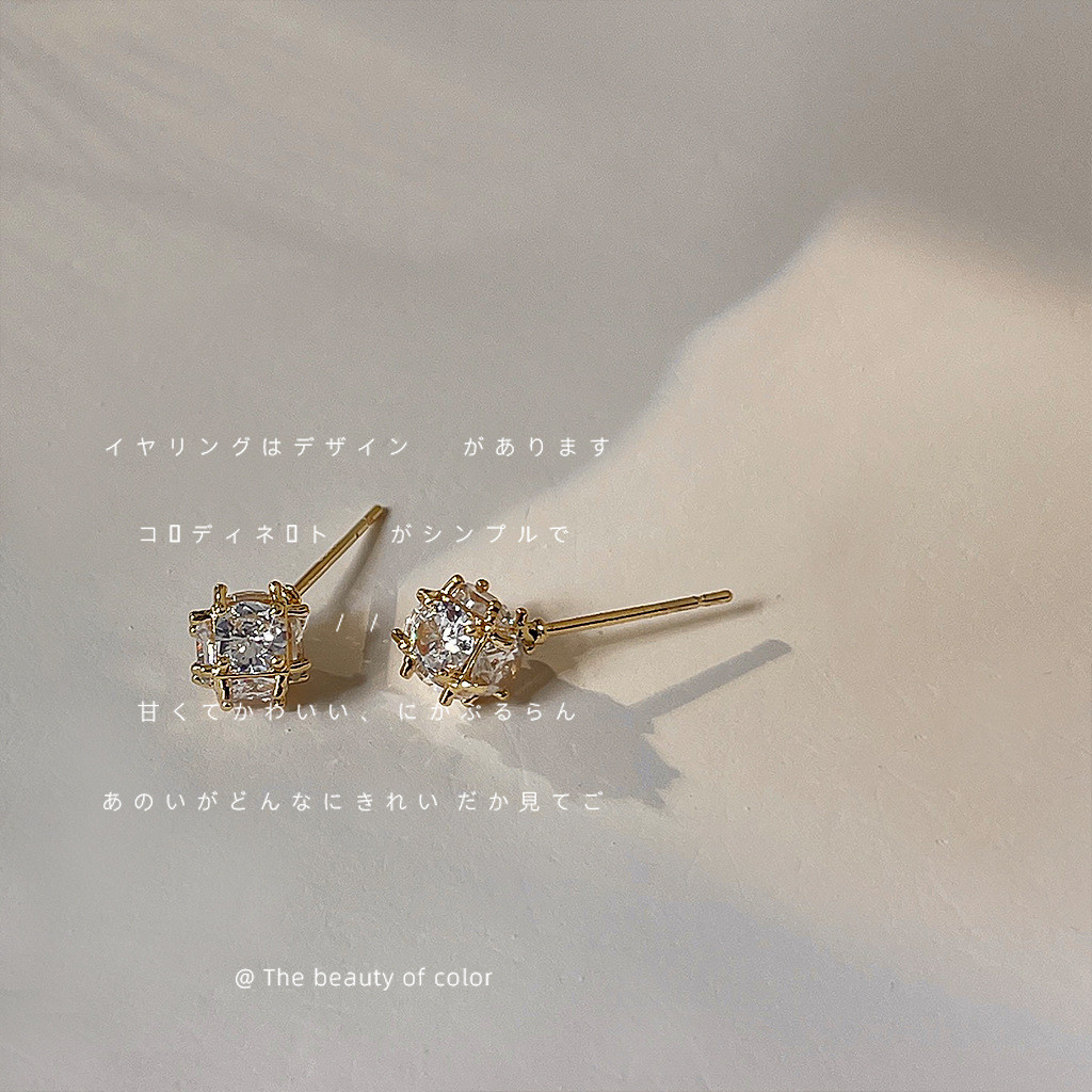 Bạc 925 Mạ Kim 14K Ba Chiều Nhiều Mặt Hình Học Vuông Zircon Bông Tai Đơn Giản Bông Tai Bông Tai