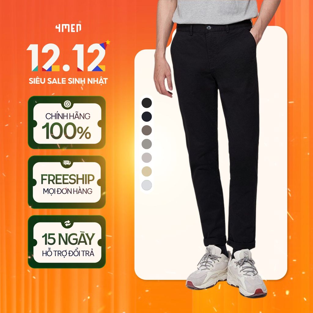 Quần kaki dài nam trơn 4MEN QK018 form slimfit ôm tôn dáng, vải mềm mại, co giãn tốt, trẻ trung