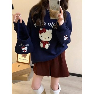 Áo sweater chất nỉ bông cổ tròn in hình hello kitty dành cho nữ