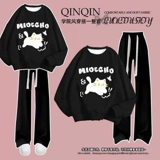 SÉT BỘ QUẦN SUÔNG DÂY BẢN TO+ MIX ÁO NỈ SWEATER DÀI TAY ĐEN MÈO MÁY STUDENT-thuba