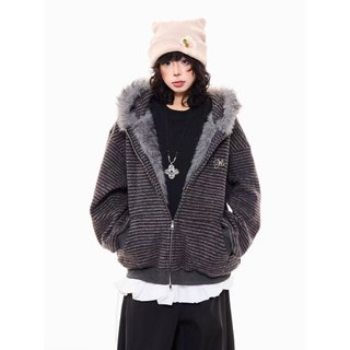 Áo khoác nam ESEA phong cách Hàn Quốc, chất liệu cotton, có mũ, họa tiết sọc, ấm áp.