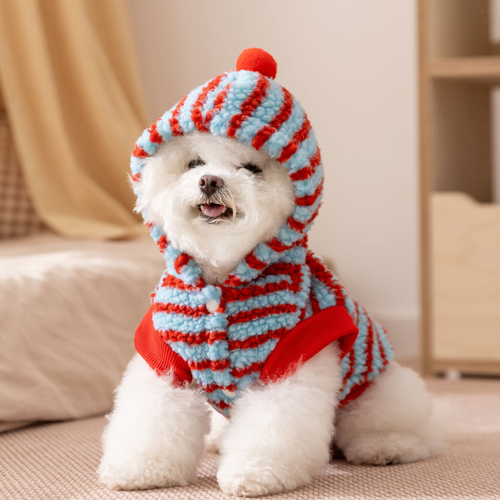 【Ready Stock】 Autumn and Winter Pet Clothing Stripes Dachshund Traction Hooded Thickened Thermal Feet Fluffy Jacket Puppy Clothes gZlV