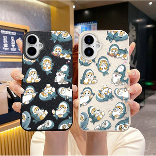 Ốp điện thoại hình mèo cá mập cát lún dễ thương cho iPhone 12 11 Pro Max X XS XR 7 8 Plus 16 17 pro Max 16E 17Air PU LeatherCartoon Soft Matte Cover