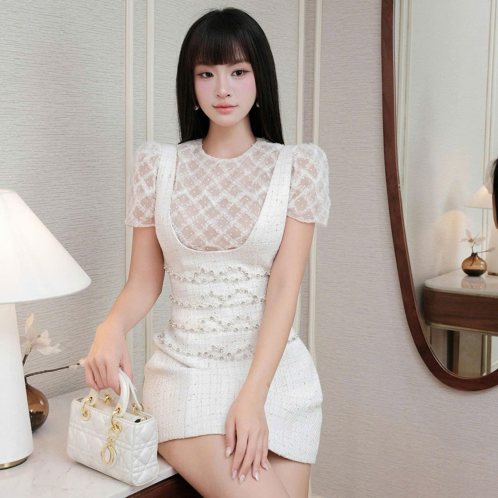 Set váy dạ tweed đính ngọc trai phối áo ren thêu phong cách nữ tính sang trọng KS396