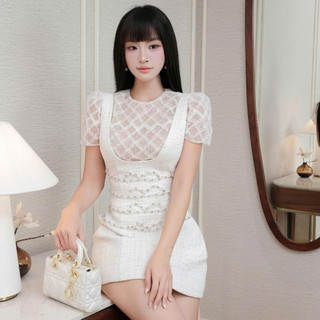 Set váy dạ Khiết Style tweed đính ngọc trai phối áo ren thêu phong cách nữ tính sang trọng KS396