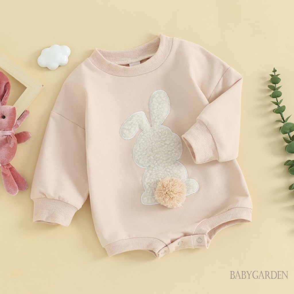 Trẻ sơ sinh Bé trai / gril Áo liền quần mùa thu Fuzzy Bunny Thêu cổ tròn dài tay Áo liền quần Phục sinh