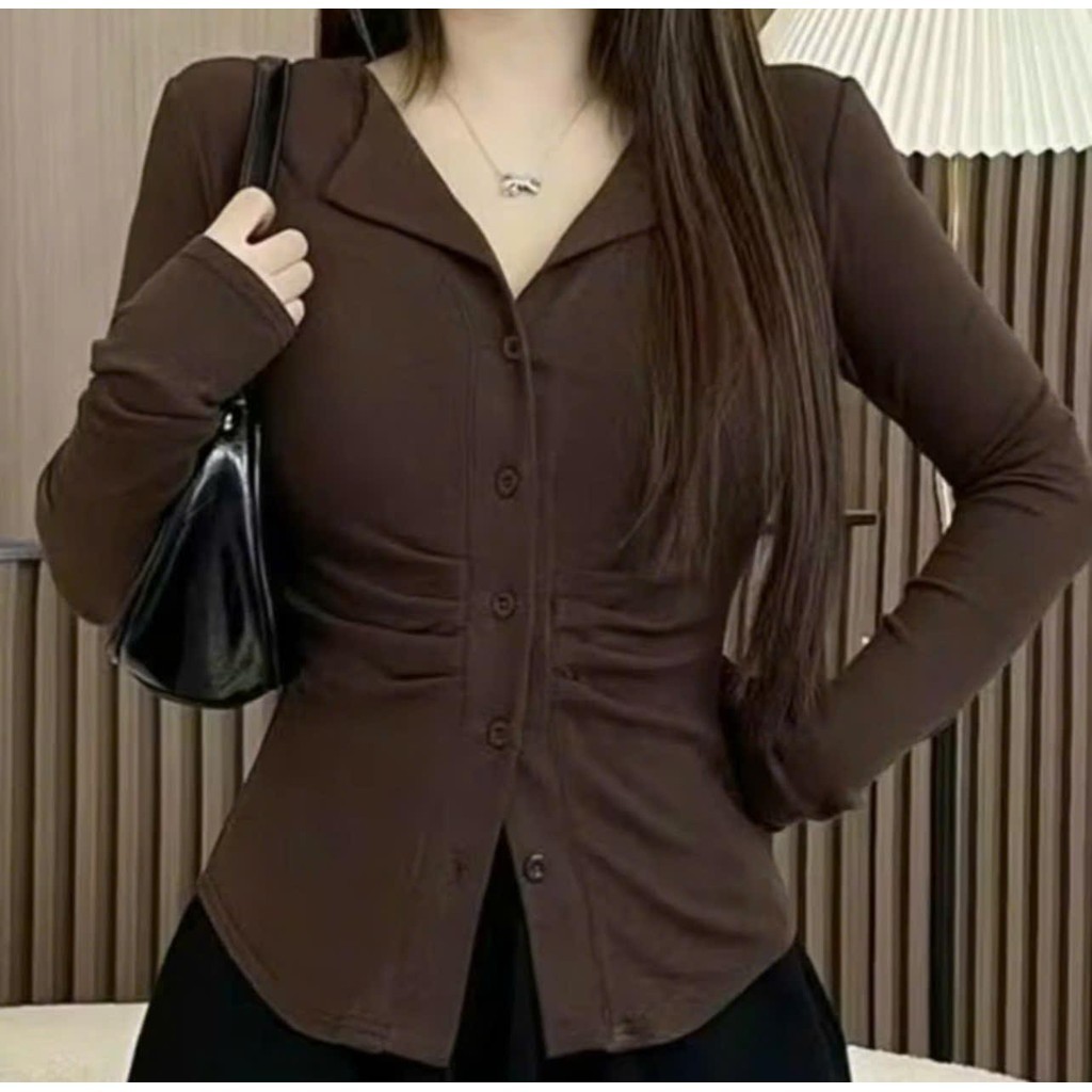 Áo Thun Nữ Tay Dài Cổ Bẻ Bigsize ESHOP Áo Thun Thiết Kế Cài Nút Thun Gân Tăm Co Giãn Thoải Mái MS535