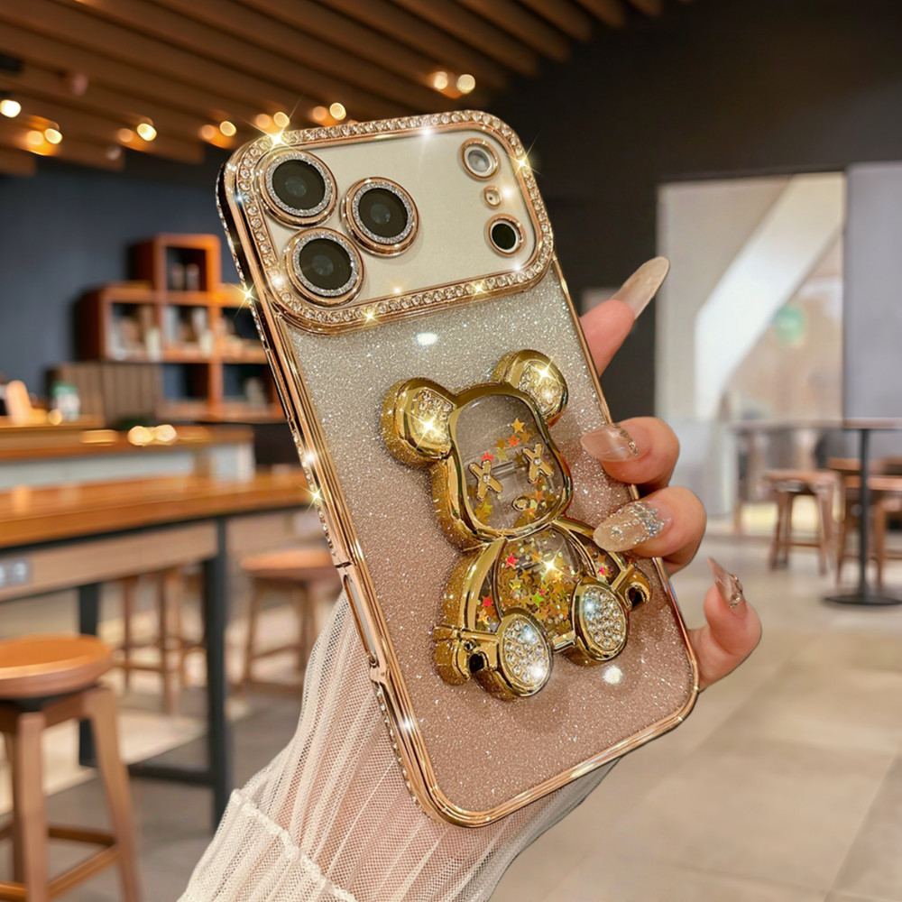 Sang Trọng Lấp Lánh Chảy Cát Gấu Giá Đỡ Ốp Lưng Điện Thoại iPhone 17 Pro Max 16 12 13 14 15 Pro Max Ống Kính Bảo Vệ Camera Vỏ Chống Sốc TPU Vỏ Mềm Điện Thoại