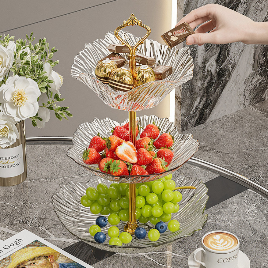 Đĩa Đựng Bánh Kẹo 2-3 Tầng Trong Suốt Vân Kim Cương, Khay Đựng Hoa Quả Mứt Tết Sâu Lòng Decor Tiệc