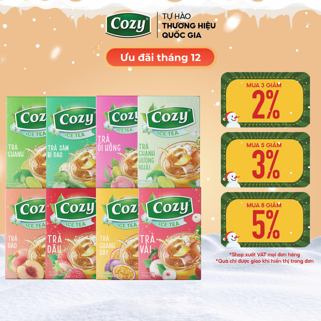 Trà Cozy Trà Đen Hòa Tan Các Vị Trái Cây Trà Đào, Gừng, Chanh, Vải, Dâu, Ổi hồng, Chanh dây, Sâm Bí Đao