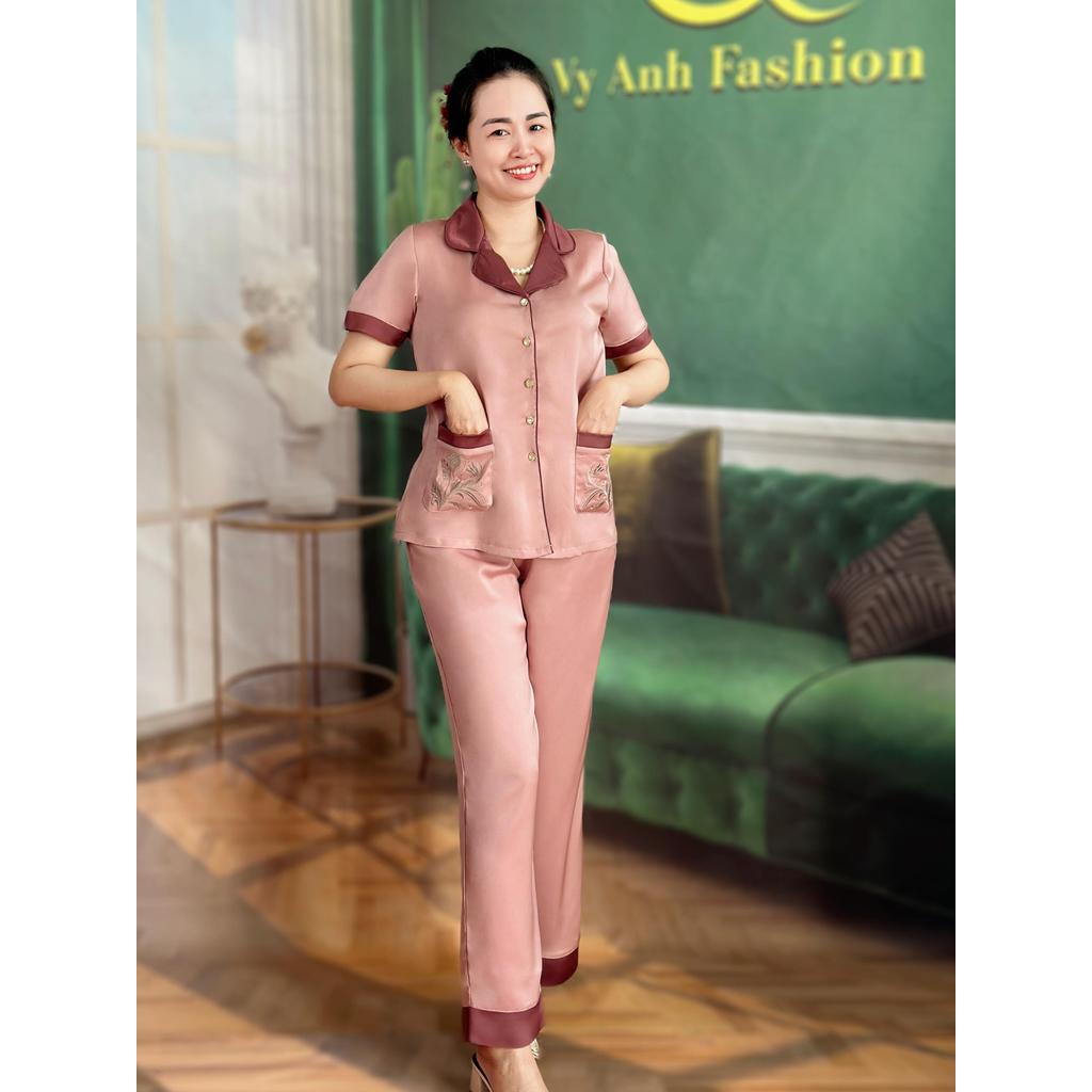 Đồ Bộ Phi Bóng Nữ Trung Niên U40 U50, Mặc Tại Nhà Đồ Ngủ Mã DB7904 Chất vải phi bóng, vải thoáng mát