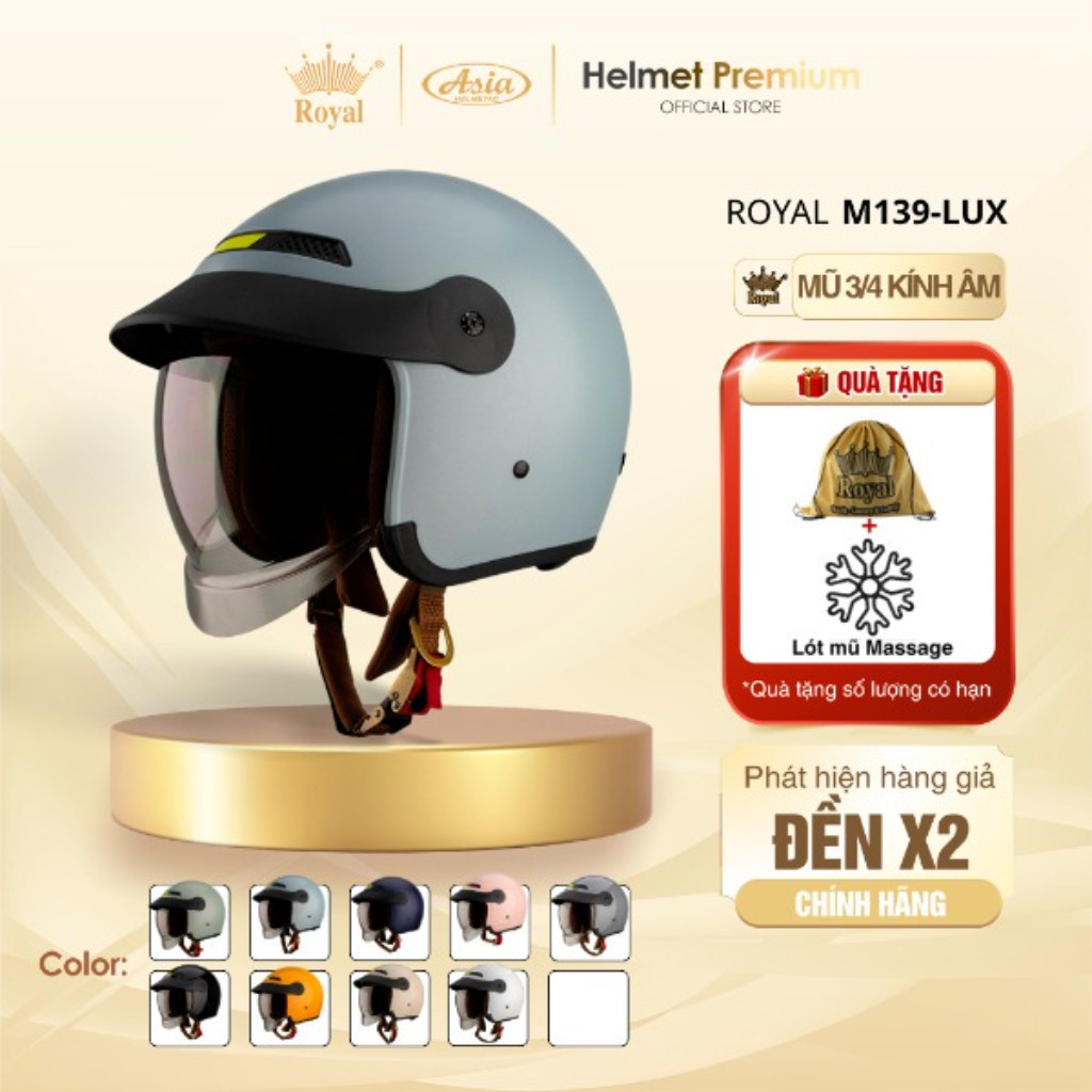 Mũ Bảo Hiểm 3/4 Royal Luxury M139 Lưỡi Trai, Nón Bảo Hiểm Kính Âm Màu Trà Chống Nắng Bảo Hành 1 Năm