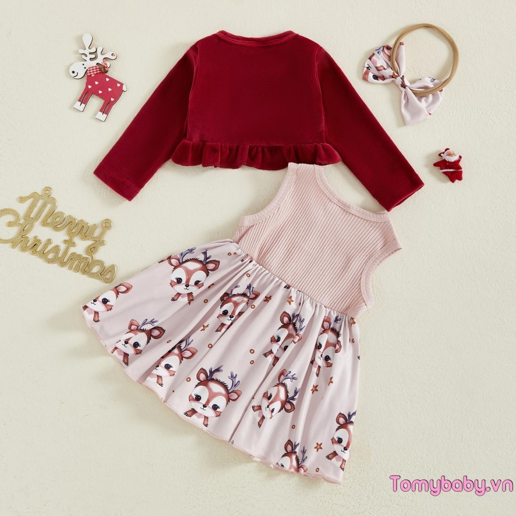 Trang phục Giáng sinh cho bé gái Váy nơ không tay + Áo dài tay + Bộ băng đô