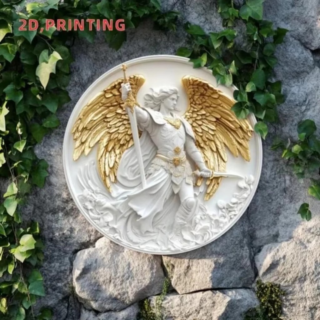 Dấu hiệu nhôm CIFbuy 2D Archangel Michael - Nghệ thuật treo tường tâm linh tròn để trang trí nội thất, Quà tặng tôn giáo bền bỉ cho Giáng sinh, Nhà bếp, Phòng khách