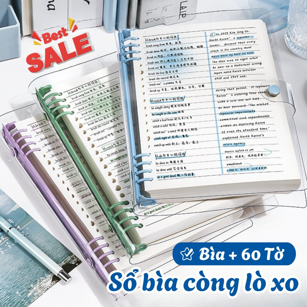 Sổ lò xo bìa còng trong suốt khổ A5/A6 cao cấp, Sổ ghi chép học tập, bullet journal tiện lợi DINO