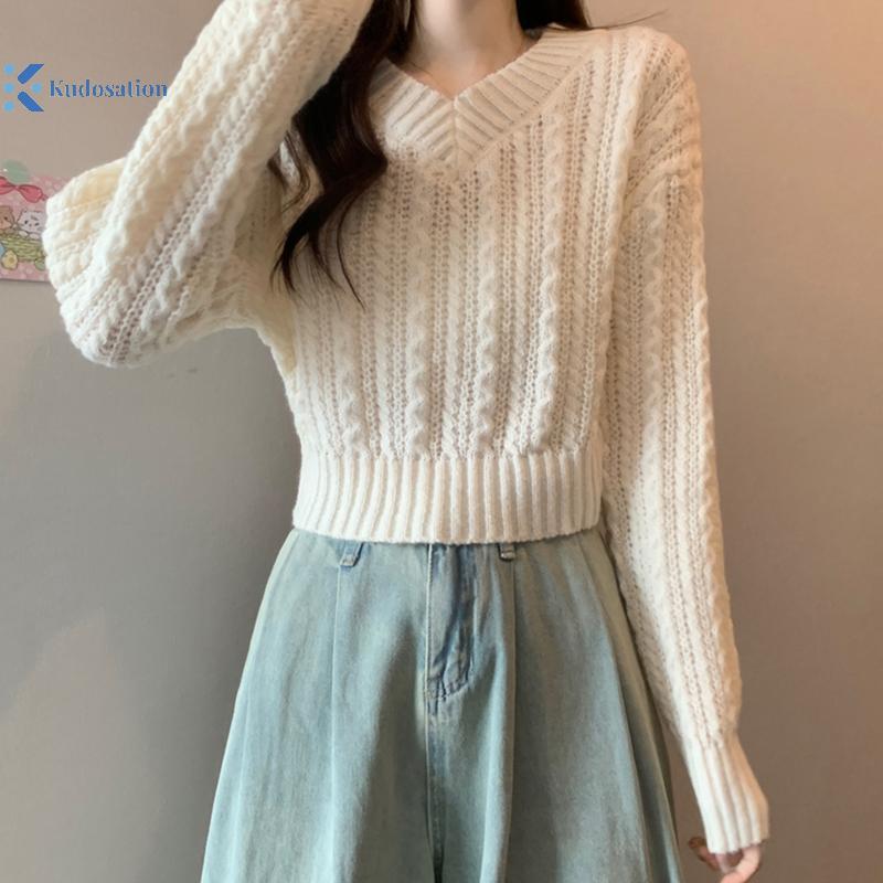 Kudosation Nữ Thời Trang Retro Cổ Chữ V Dài Tay Phù Hợp Với Áo Len Dệt Kim Ngắn Xoắn