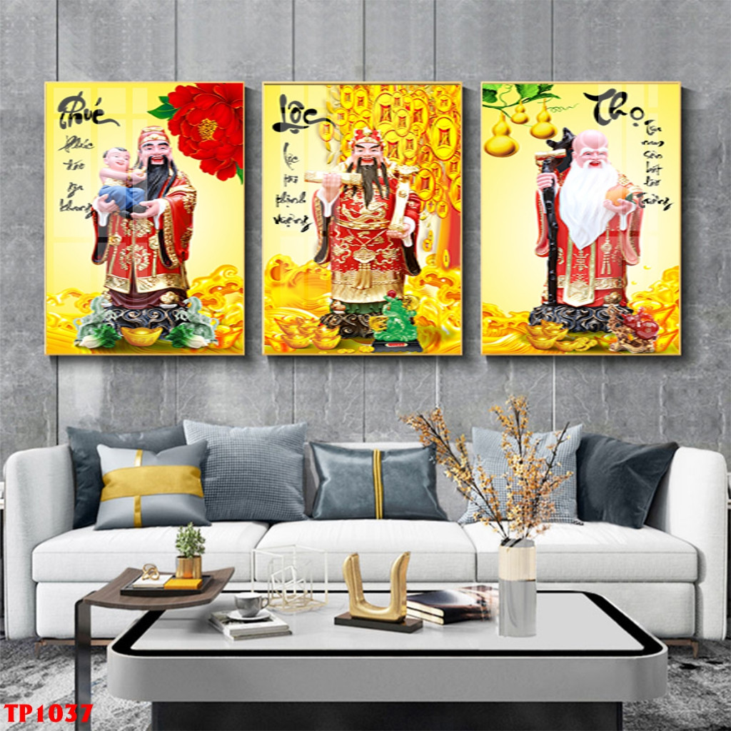 Bộ 3 Tranh " PHÚC LỘC THỌ" Tráng Gương, Tranh treo decor phòng khách -Trang Trí Treo Cầu Thang, Quà Tặng - Top Decor