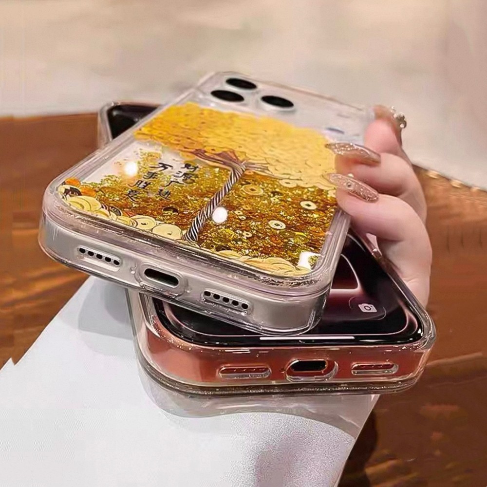 Goldenfoil Money Tree Goldfish Drift Sand Acrylic Ốp Điện Thoại Cho iPhone 17 Pro Max 16 15 14 13 12 Vỏ Bảo Vệ Chống Sốc