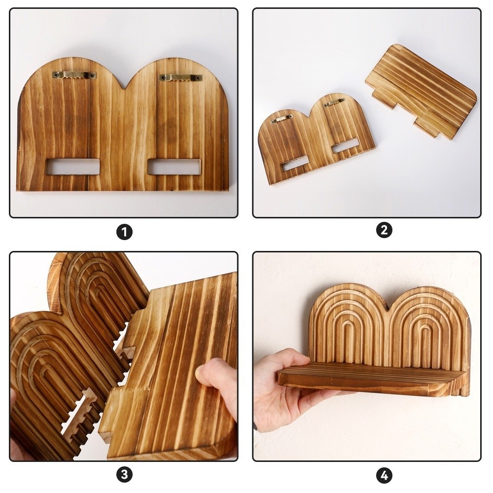 Kệ gỗ SHUPUN Boho, Kệ treo tường vòm nhiều lớp có ren thiết kế cầu vồng, Giá lưu trữ trang trí treo tường nổi hình học Màn hình thực vật