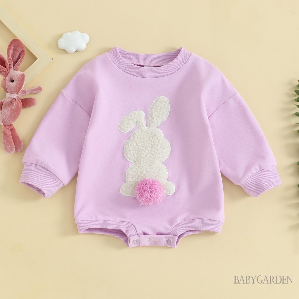 Trẻ sơ sinh Bé trai / gril Áo liền quần mùa thu Fuzzy Bunny Thêu cổ tròn dài tay Áo liền quần Phục sinh