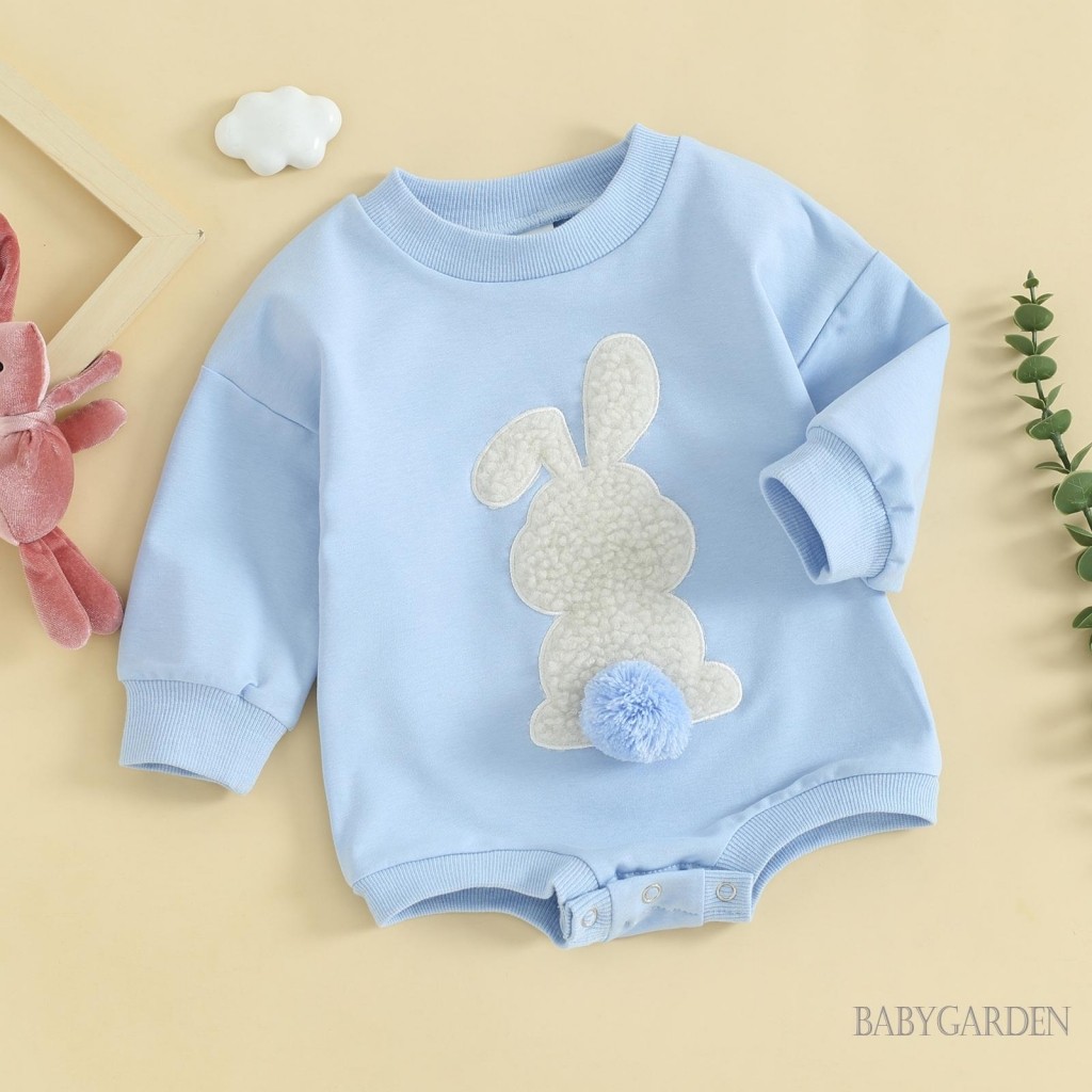 Trẻ sơ sinh Bé trai / gril Áo liền quần mùa thu Fuzzy Bunny Thêu cổ tròn dài tay Áo liền quần Phục sinh