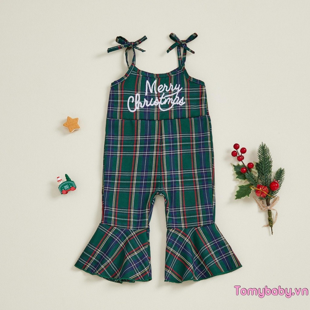 Trẻ Em Bé Gái Giáng Sinh Kẻ Sọc Áo Liền Quần Chữ Thêu Thắt Vai Chuông-Bottom Jumpsuit