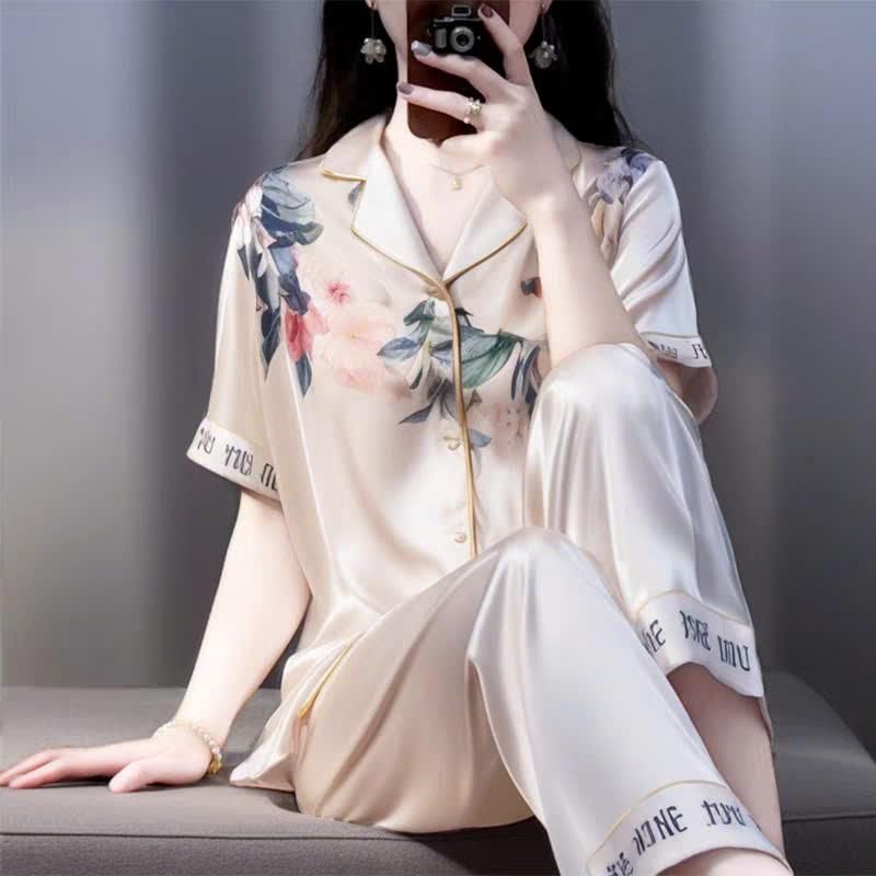 Đồ Bộ Nữ Pijama Bộ Lụa latin Tay ngắn hoa hồng cổ sơ mi XXTTIIÔ