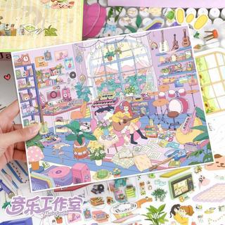 ENWEI 5 Miếng nhãn dán phong cảnh 3D chống nước, phong cách hoạt hình, dùng cho album ảnh, nhật ký