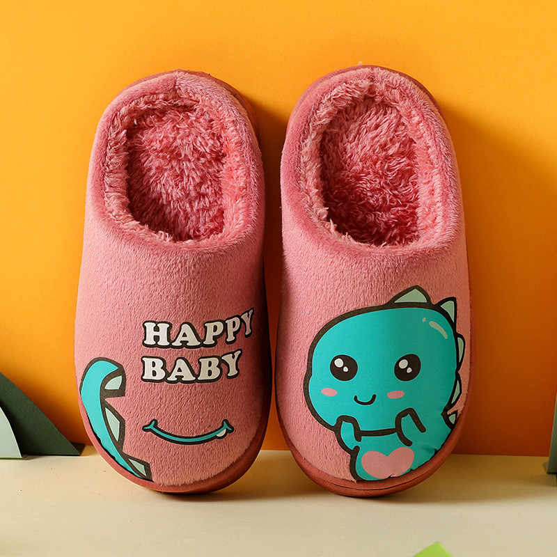 Mùa Thu Đông Cha Mẹ-Con Trẻ Em Giày Cotton Nữ Trong Nhà Hoạt Hình Dễ Thương Chống Trơn Trượt Dày Đế Dày Lông Khủng Long Nhỏ