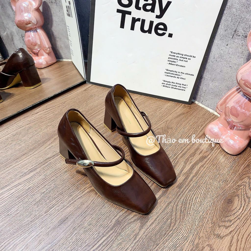 [Thảo em - GC68] Giày búp bê nữ công sở gót cao 6-7p mũi vuông phối khuy trám cạnh [Có Sẵn]