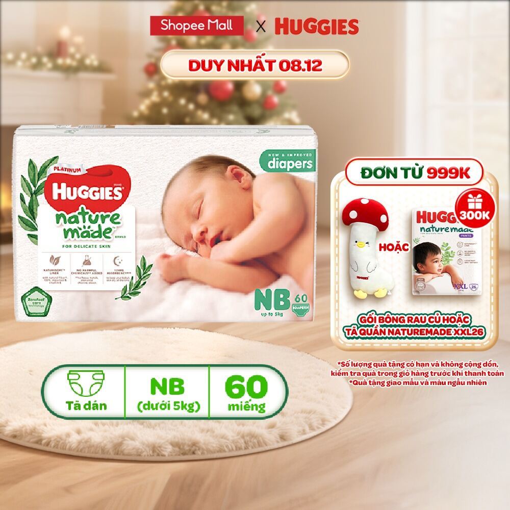 Tã/Bỉm dán sơ sinh Huggies Platinum NatureMade NB60 (dưới 5kg)/S82(4-8kg) /M64(6-11kg)/L54/XL44