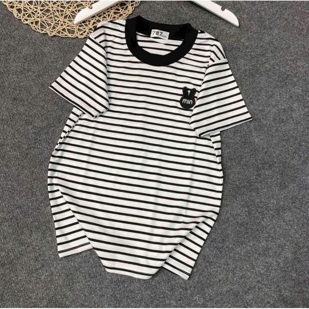 Áo Thun Nữ Cổ Tròn Tay Ngắn Kẻ Sọc Thêu Họa Tiết Thỏ MIN Trước Ngực Chất Cotton Mềm Mịn ESHOP MS285