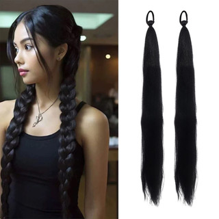 Tóc giả đuôi ngựa bện sẵn, chịu nhiệt và chống phai màu, phù hợp cho nữ và bé gái với dây thun mềm mại