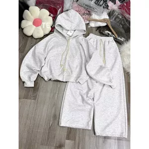 Sét bộ đồ nỉ 2da, quần ống rộng xám tiêu trơn+mix áo khoác trơn nỉ 2da khoá kéo có mũ-quanaao94