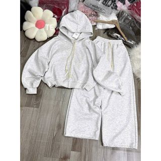 Sét bộ đồ nỉ 2da, quần ống rộng xám tiêu trơn+mix áo khoác trơn nỉ 2da khoá kéo có mũ-thuba94